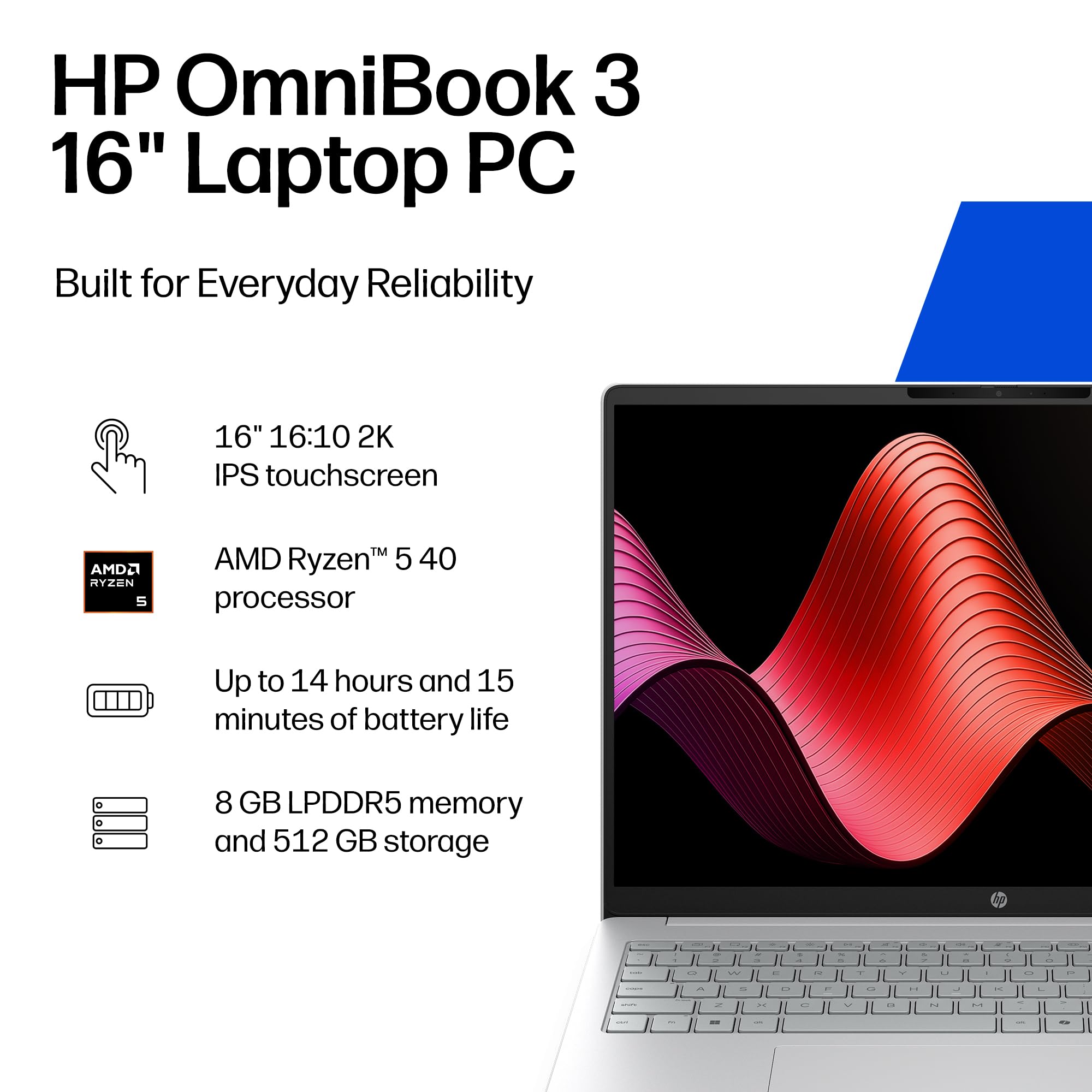Amazon.com: HP OmniBook 3 16 inch Laptop PC, 2K Touchscreen, AMD